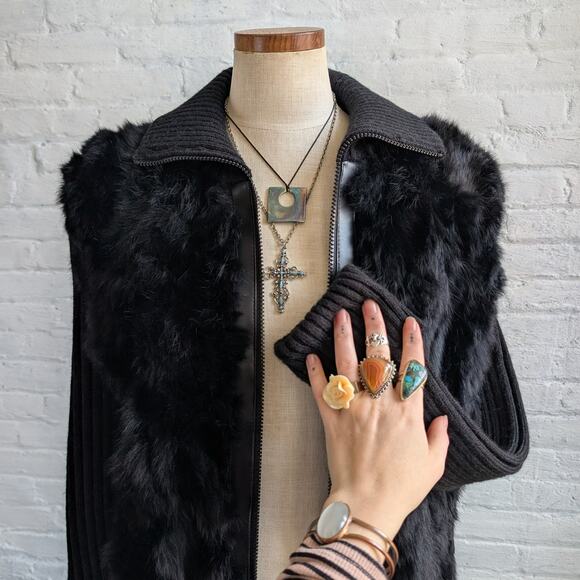 Vintage Black Genuine Rabbit Fur Sweater Stretchy Jacket Knit Faux Leather Top - Picture 5 of 7